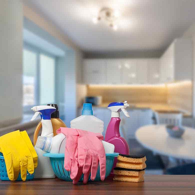 Cleaning supplies on a kitchen counter for house cleaning in Bothell WA