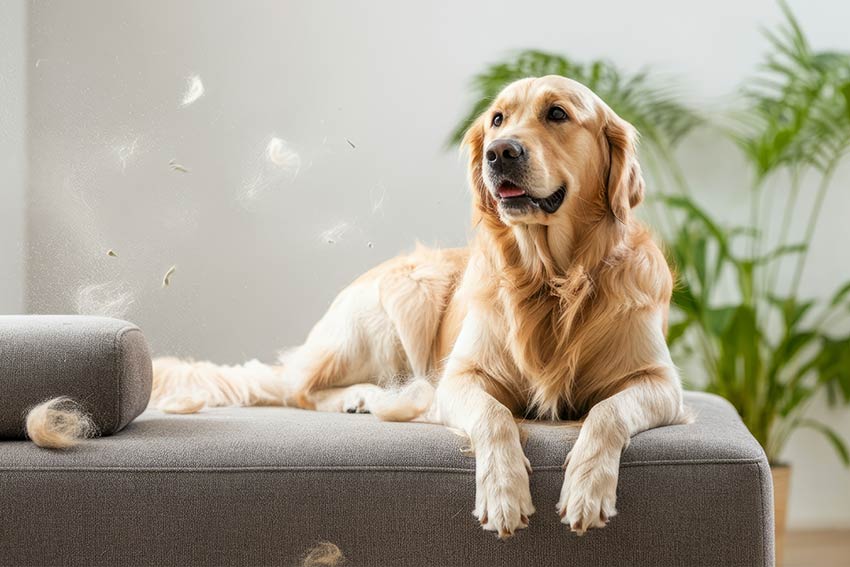 Golden retriever shedding fur on a sofa – highlighting the need for effective tools in pet-friendly house cleaning in Kirkland.