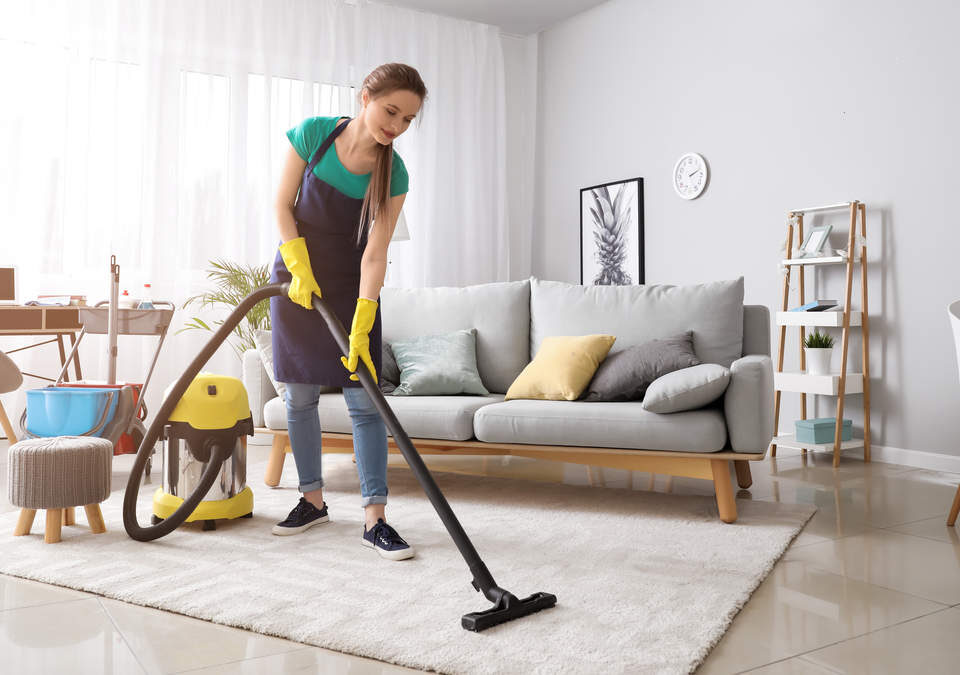 Cleaner vacuuming a living room area rug with a canister vacuum, wearing gloves and apron, preparing the home for early fall in Kirkland.