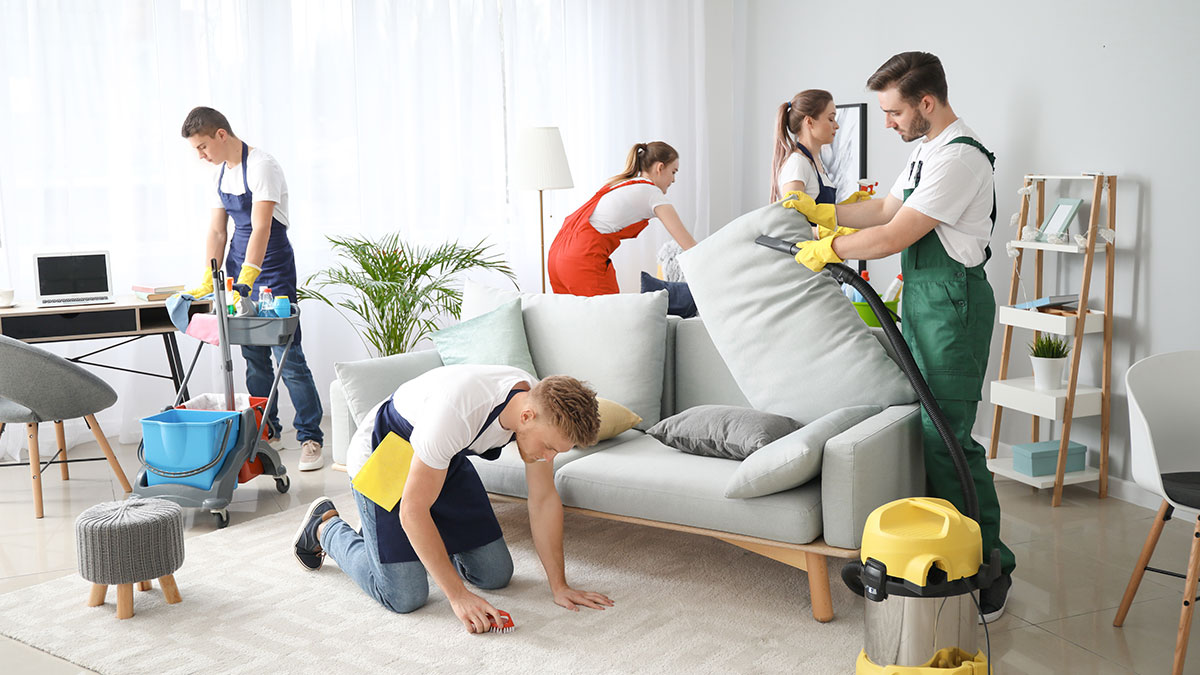 Kirkland House Cleaners team performing a full holiday cleaning in a living room.