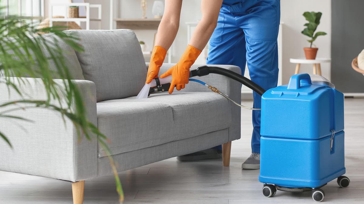 Professional cleaner deep cleaning a fabric sofa to remove dust, pet dander, and allergens for allergy friendly house cleaning in Kirkland.