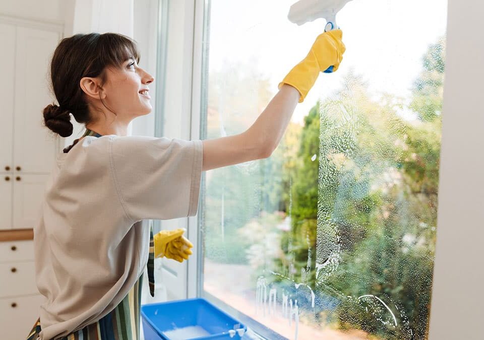 Woman wearing gloves cleaning a large window during fall house cleaning in Kenmore, WA.