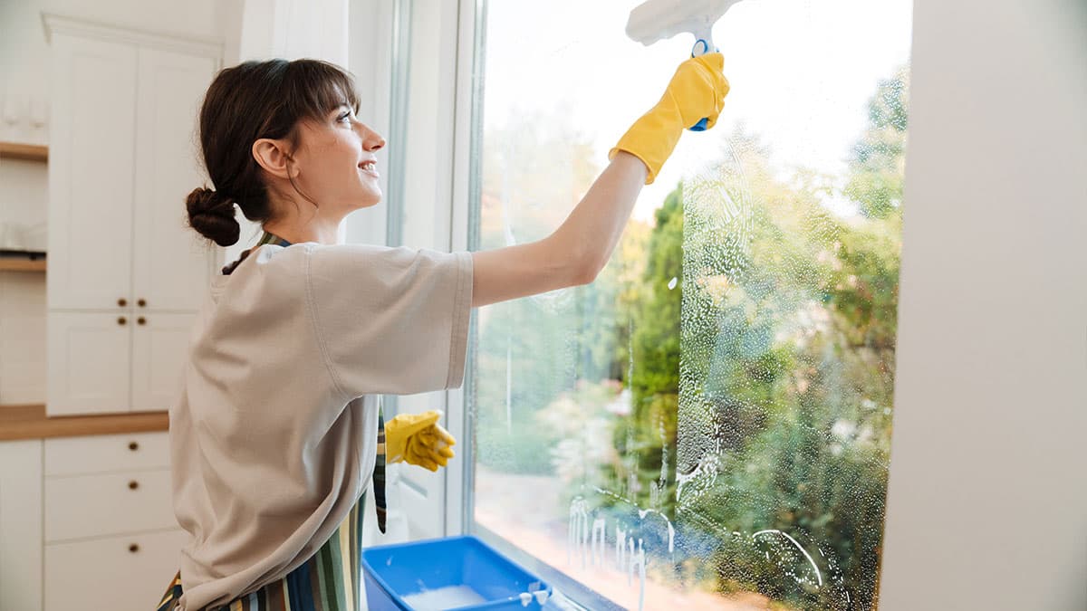 Woman wearing gloves cleaning a large window during fall house cleaning in Kenmore, WA.