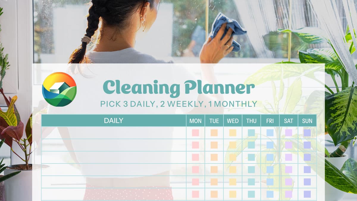 A woman uses a cloth to clean a window, showcasing a colorful cleaning planner beside houseplants.