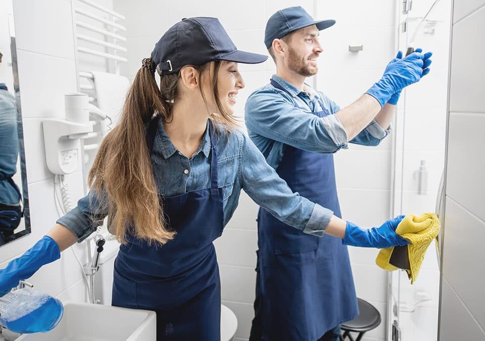 Two cleaners wiping bathroom tiles and shower glass, illustrating deep cleaning for Woodinville homes.