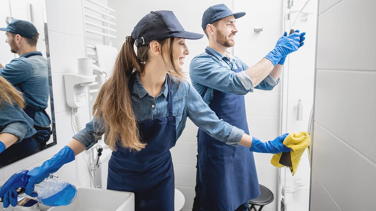 Two cleaners wiping bathroom tiles and shower glass, illustrating deep cleaning for Woodinville homes.
